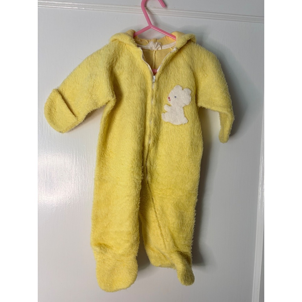 Vintage Yellow Fuzzy Fleece Hooded Pram Suit Bunny Applique Footed Romper 12-18M